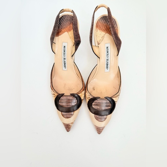 Manolo Blahnik Brown Tan Snakeskin leather embossed carolyne slingback pumps 38 - Picture 2 of 8